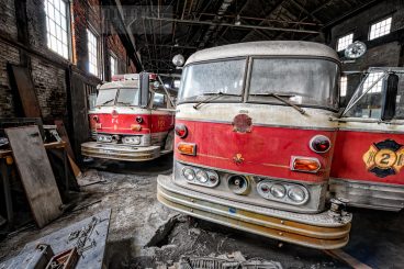 Old Mack fire trucks from Bethlehem Steel abandoned inside one of the large buildings on the old steel mill site, Bethlehem, PA. © Andrew Dierks. Quality prints start at $29.